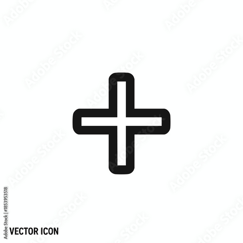A centered thick black plus symbol on a white background with a "Vector Icon" label