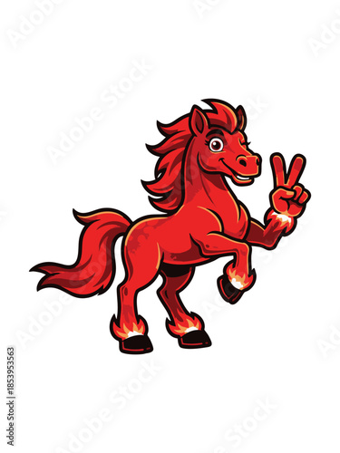 A fierce red horse mascot illustration, stylized with fiery hooves and mane, standing proudly while flashing a victory or peace sign gesture
