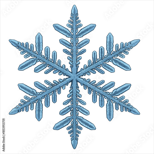 Detailed illustration of a blue snowflake with six symmetrical arms crystal winter