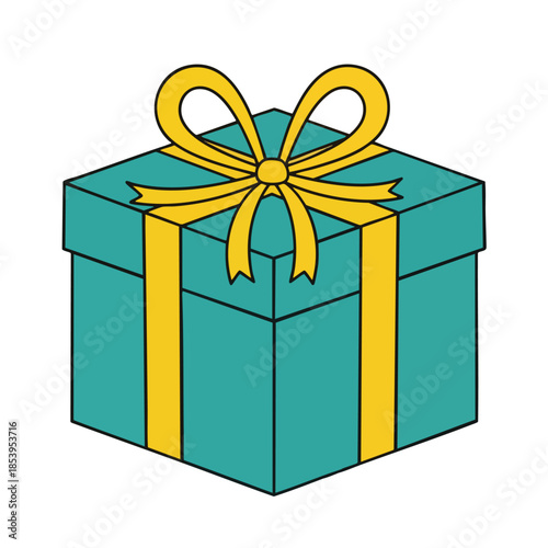 Vector illustration of a teal gift box with a yellow bow and ribbon