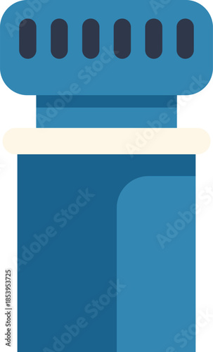 Blue medicine bottle with an open lid standing on a white background, simple flat design