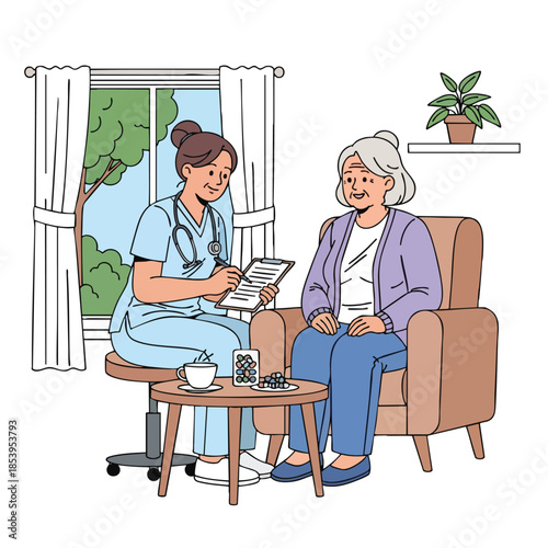 A healthcare worker consults with an elderly woman in her home, medication is present