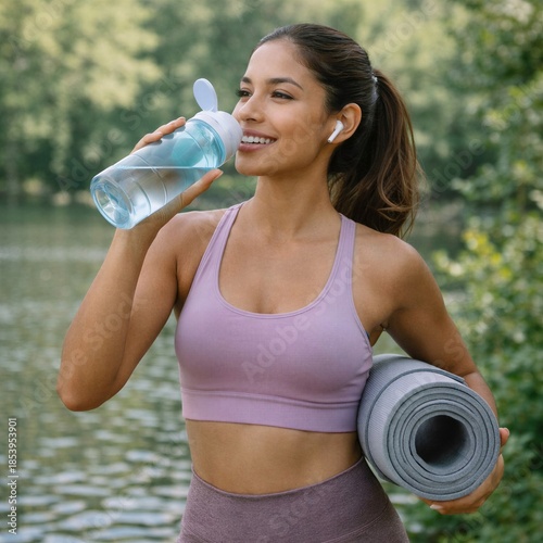 Young athletic woman enjoying a healthy lifestyle outdoors, holding yoga mat and drinking water after workout.