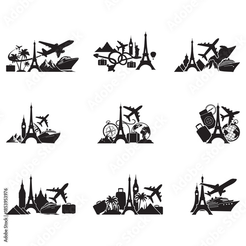 Black Color Global Travel Exploration Concept Silhouette Vector Illustration, Solid White Background.