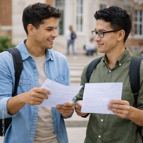 Two male university students standing outdoors on campus, reviewing academic documents and discussing coursework together.