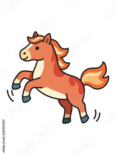 A cheerful cartoon illustration of a prancing or rearing pony, rendered in a cute vector style with thick black outlines and warm orange and brown colors, isolated on white