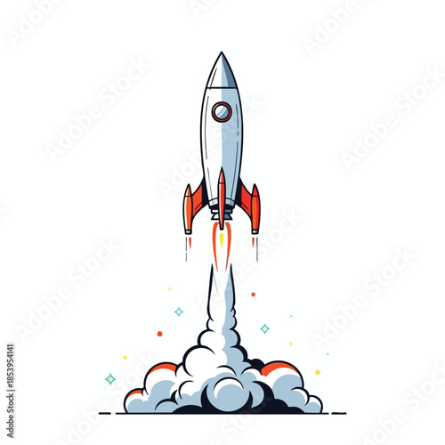 Cartoon rocket ship launching, creating smoke and exhaust, colorful sparks around it