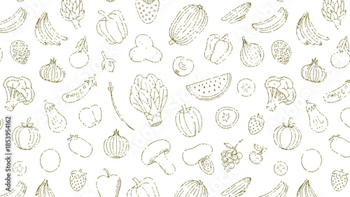 Minimal vegetable and fruit seamless repeat pattern, olive green monoline illustration, natural kitchen decor style