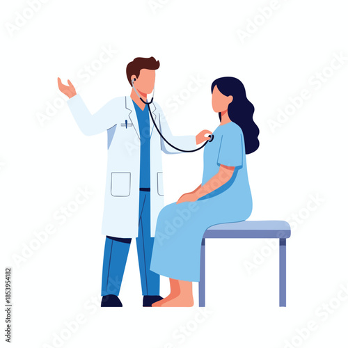 A doctor examines a patient with a stethoscope. The patient sits on a bench