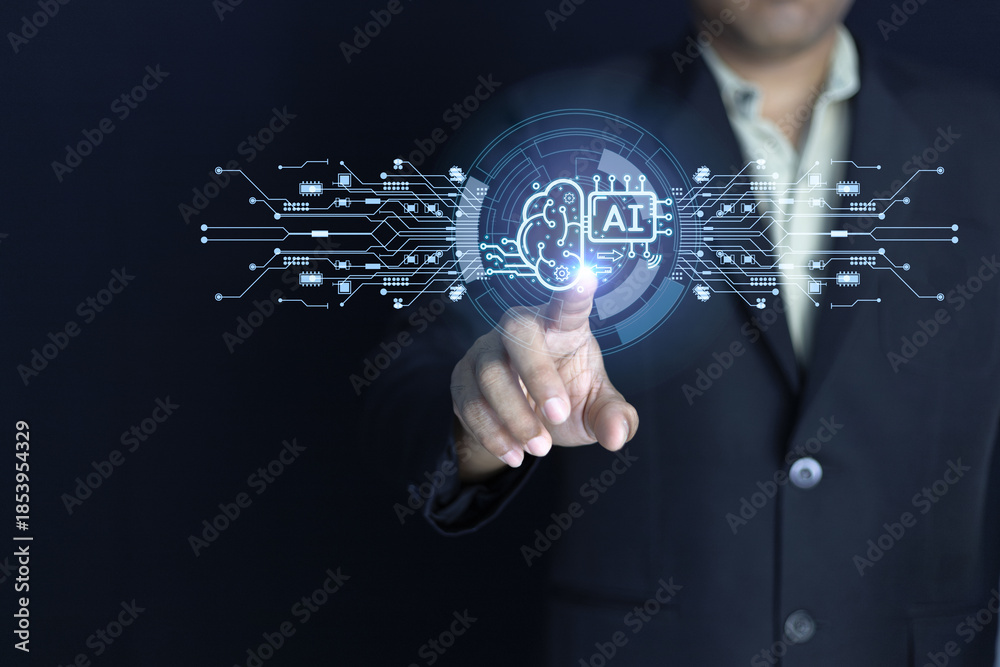 Naklejka premium Businessman touching virtual AI brain with circuit board lines, symbolizing artificial intelligence, machine learning, and future technology.