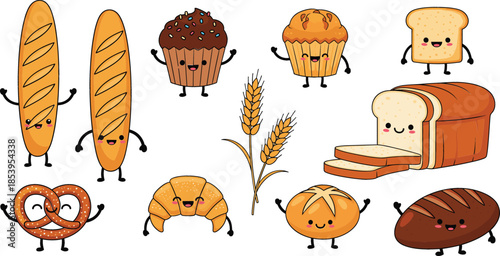  Set of cute kawaii bakery characters featuring cartoon bread, croissant, pretzel, cupcake, and toast with happy smiling faces for bakery branding and stickers