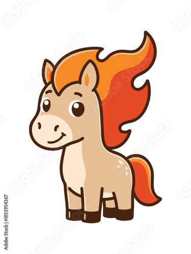 A delightful vector cartoon illustration of a cute pony featuring a beige body, large friendly eyes, and a striking mane and tail colored in fiery orange and red hues, isolated on white