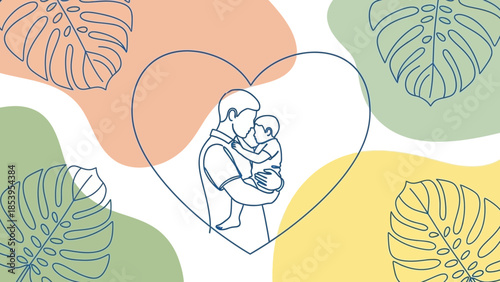 A minimalist line art illustration depicting a father tenderly holding his baby within a heart outline, set against a background of pastel colors and tropical leaves.