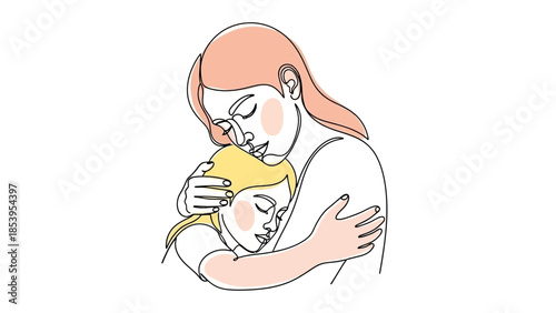 A minimalist continuous line art drawing depicting a mother tenderly embracing her child with closed eyes, symbolizing love and comfort.