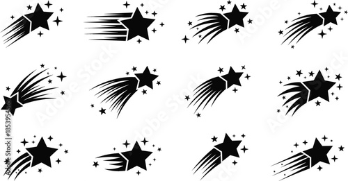  Set of black shooting star silhouettes and comet icons with motion trails and sparkling stardust for celestial space, night sky, and astronomical designs.