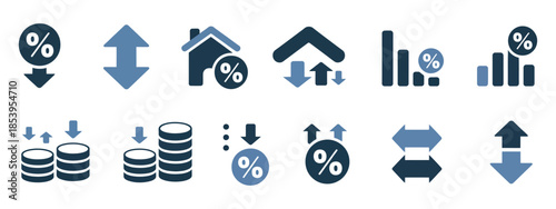 Low and High Interest Rate Symbols. Comprehensive collection of financial icons with up and down arrows representing inflation, investment profit, and debt management.