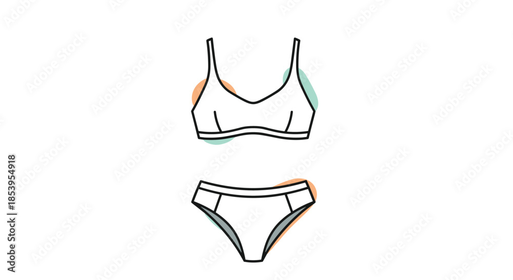 Obraz premium Simple line art illustration of a women s matching bra and underwear set with colorful abstract circles in the background for fashion.
