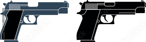 Handgun Pistol Vector Illustration Set Featuring Semi Automatic Firearm Side View, Weapon Design, Defense Concept and Minimal Flat Graphic Style