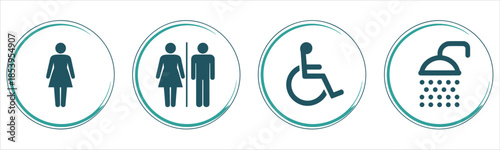 Set of four circular icons for restroom and shower facilities toilet disabled