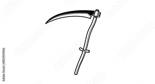 Stark black and white illustration of a grim reaper s scythe with a sharp curved blade and a gnarled wooden handle for a dark theme.