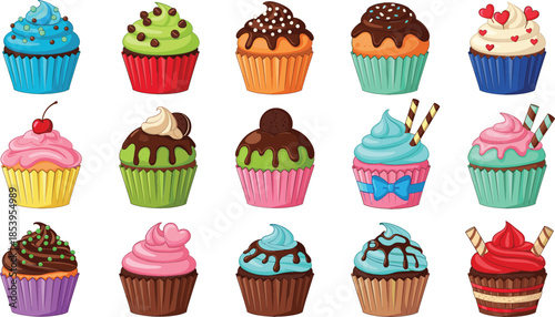  Large set of colorful vector cupcake illustrations with various frostings, toppings, sprinkles, and cherries for bakery menus, birthday parties, and dessert shop designs.