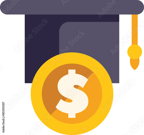 Graduation cap is resting on a large gold coin, symbolizing the concept of the rising cost of education