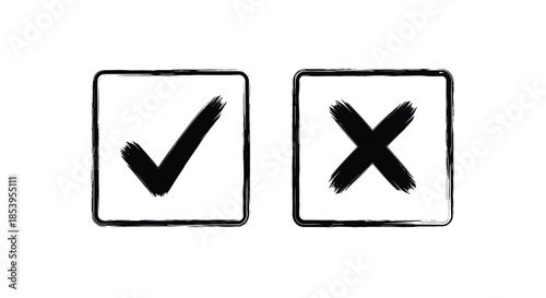 Hand drawn black check mark and cross symbol inside square frames with a rough brush stroke texture for a rustic and authentic feel.