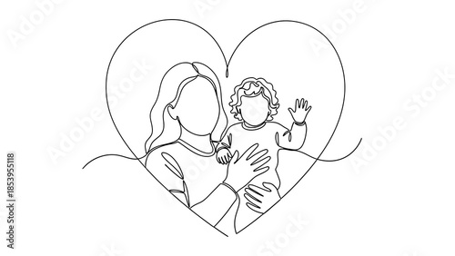 Continuous line drawing of a mother embracing her baby inside a heart shape, symbolizing love and family bond.