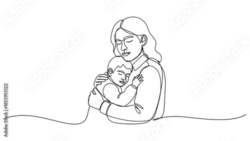 A continuous line art drawing of a mother tenderly holding her sleeping baby, illustrating maternal love and comfort.
