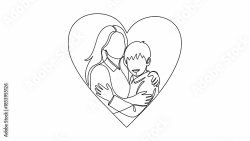 A continuous line art drawing of a mother and child embracing within a heart shape, symbolizing love and family bond.