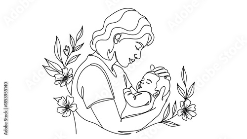 A minimalist line art drawing of a loving mother embracing her newborn baby, surrounded by delicate floral elements, symbolizing maternal bond and new life.