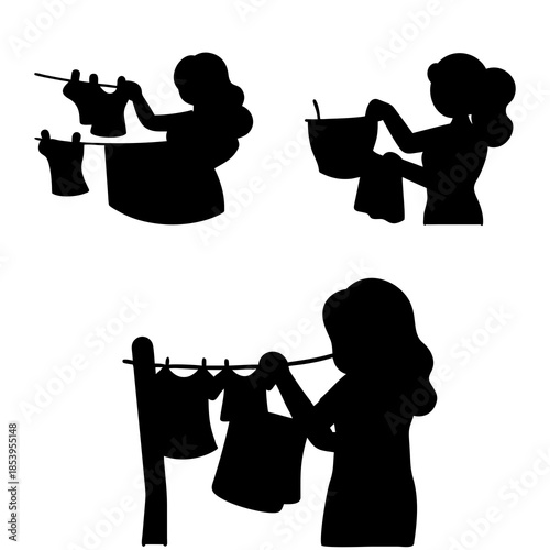 Silhouettes depict three women engaged in laundry-related tasks. The first woman hangs