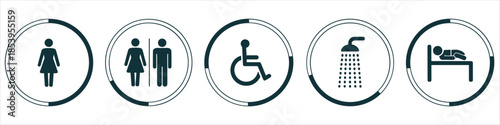 Set of Pictograms for Restroom, Disabled Access, Shower, and Bed Keywords: pictogram, icon, symbol, restroom, toilet, bathroom