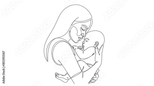 Minimalist line art drawing of a mother tenderly holding her newborn baby.