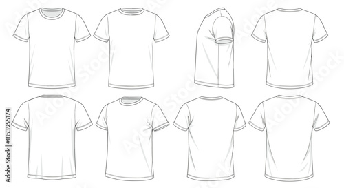 Extensive set of white t shirt mockup templates shown from front back and side perspectives for fashion branding and product display.