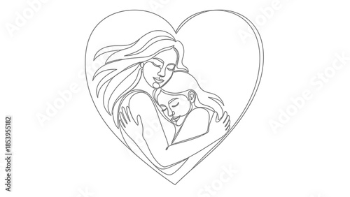 Line art drawing of a loving mother embracing her child within a heart shape, symbolizing maternal bond and affection.
