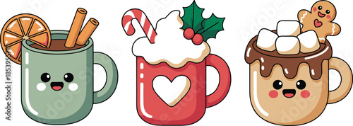 Cute Kawaii Style Illustration of Three Festive Winter Drinks with Happy Faces Featuring Spiced Cider, Peppermint Cocoa, and Gingerbread Hot Chocolate.