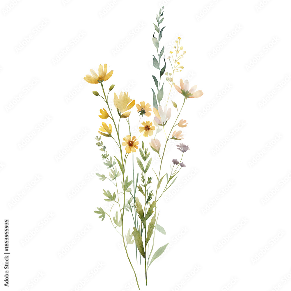 Fototapeta premium Watercolor wild meadow flowers bouquet with yellow blooms and soft greenery on black background