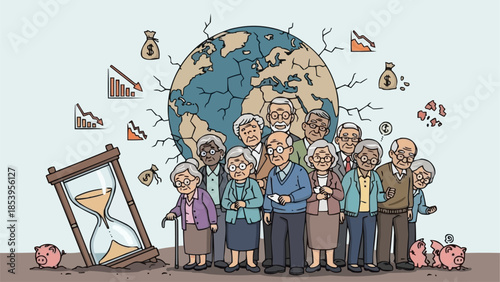 Diverse group of elderly people standing together in front of a globe.
