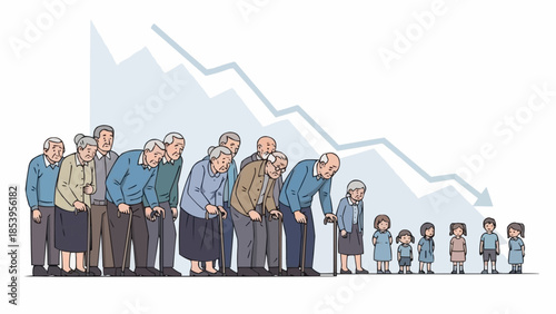 Aging population and declining birth rate concept illustration.