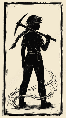 Powerful Female Miner Silhouette with Pickaxe - Vintage Woodcut Style