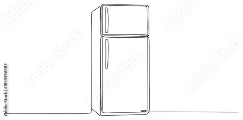 A clean, minimalist single line drawing depicts a classic refrigerator with a freezer compartment on top, perfect for concepts related to food, home, and simplicity.