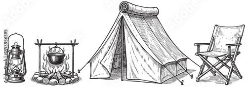 Vintage black and white line art illustration depicts camping essentials including a lantern, campfire with cooking pot, tent, and folding chair on a white background.