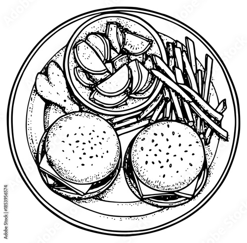 Fast food plate burgers fries illustration