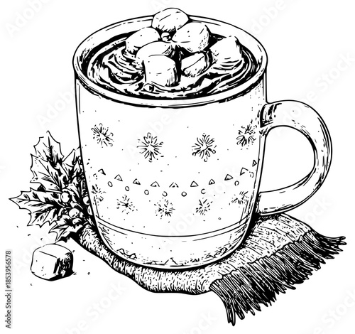 Hot chocolate with marshmallows winter illustration