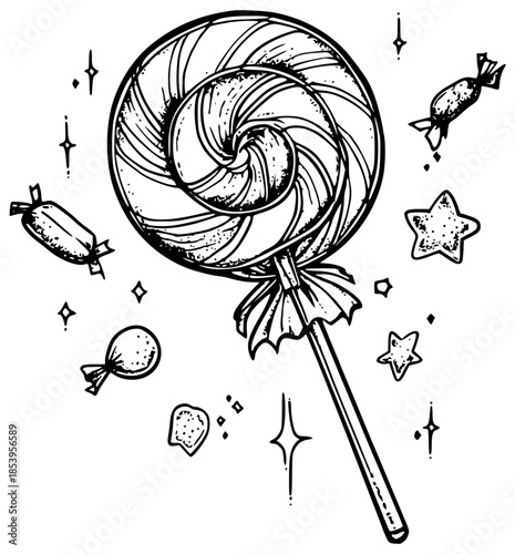 Vintage lollipop with candies sketch illustration