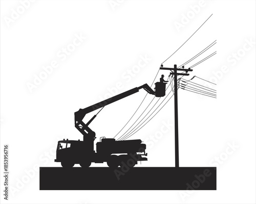 Silhouette of Utility Truck with Bucket Lift Working on Power Lines Keywords: electricity, power line, utility truck, bucket