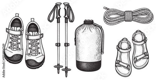 A detailed black and white illustration of essential hiking gear including shoes, trekking poles, a drawstring bag, rope, and sandals, perfect for adventure and travel concepts.