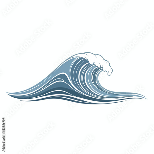 Stylized illustration of a wave, with blue gradients and a frothy white crest