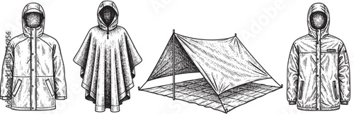 This vintage-style sketch features an assortment of outdoor gear, including two raincoats, a poncho, and a tarp tent, perfect for illustrating adventure and camping themes.